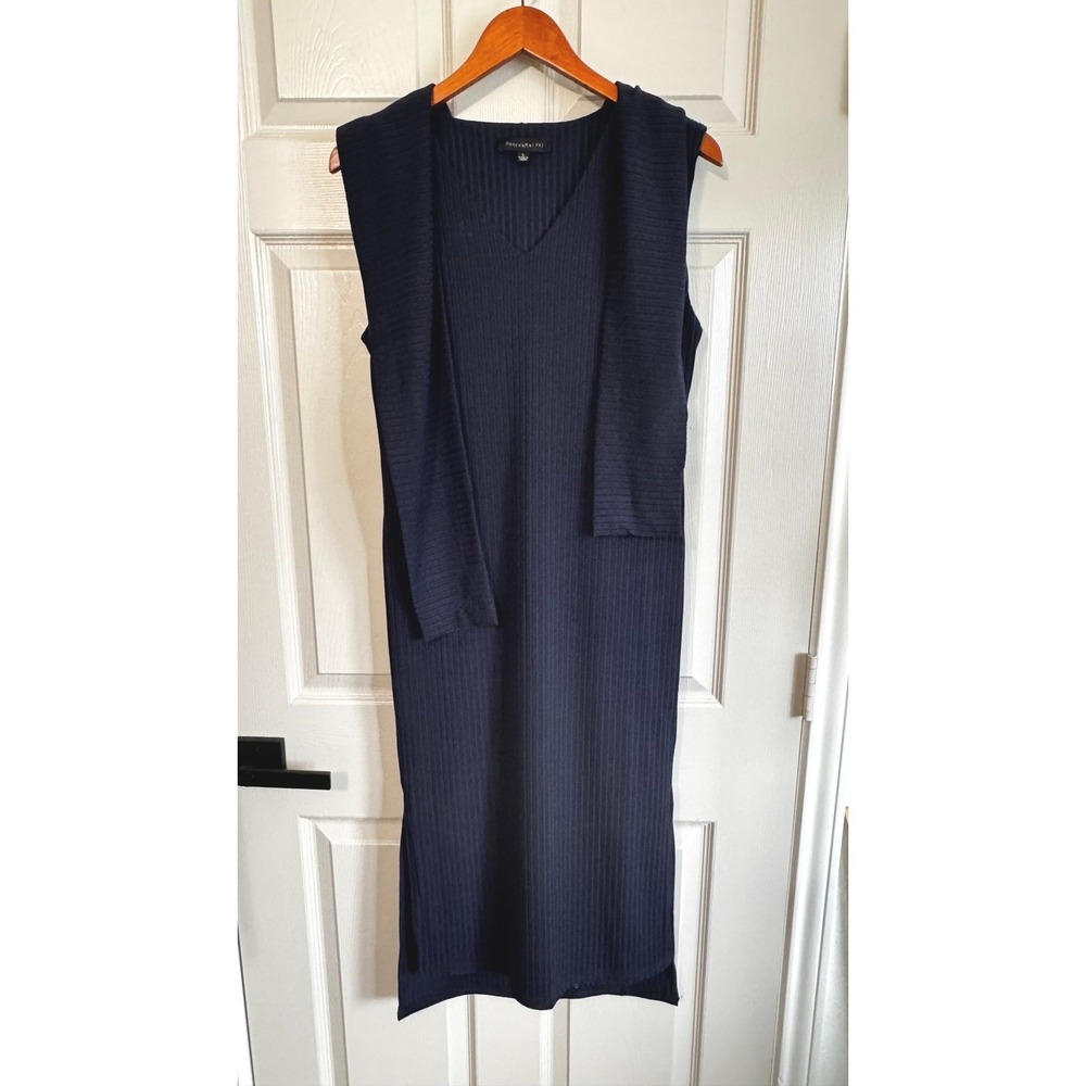 Dance & Marvel Womens Navy Blue Ribbed Midi Dress Draped Shawl Collar Size L